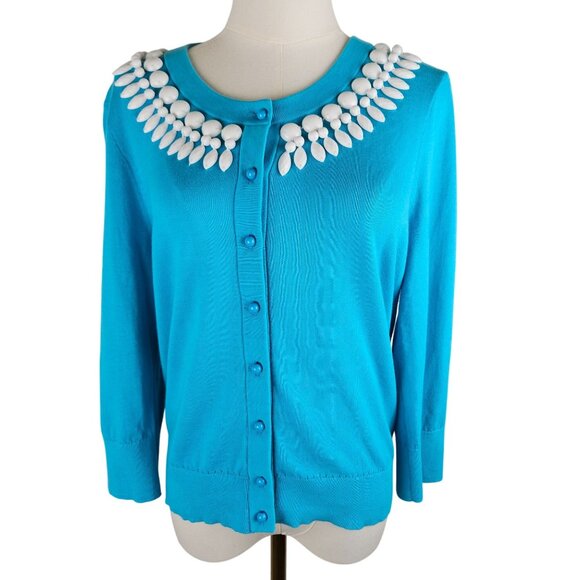 Kate Spade Katie Cardigan Sz Medium White Beading on Turquoise Preppy ASOTV Glee - Picture 1 of 11